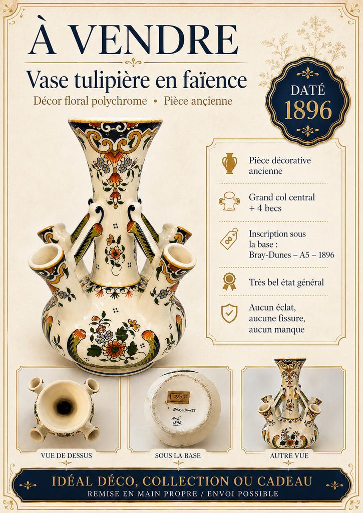 Vase tulipière en faïence – décor floral  – daté 1896, Antiquités & Art, Enlèvement ou Envoi