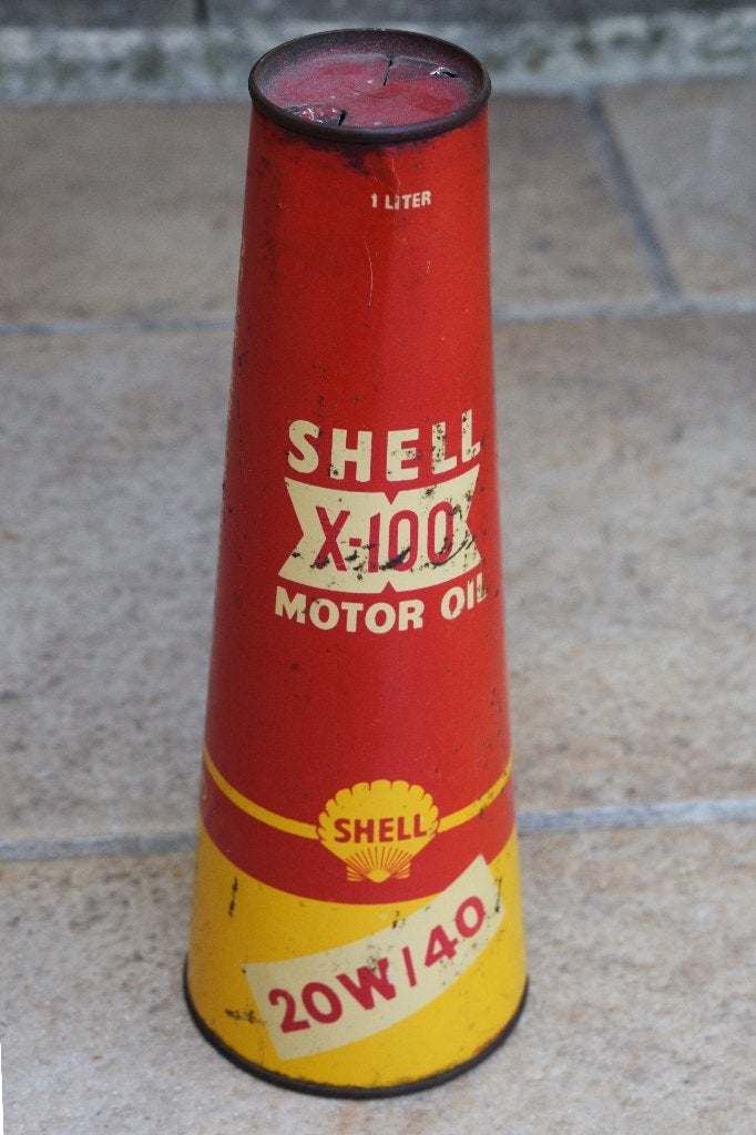 rare bidon huile conique belge shell 1950 1 litre, Collections, Enlèvement ou Envoi, Utilisé, Panneau publicitaire