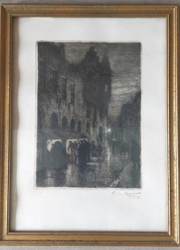 ets Albert Geudens soir à Malines, Antiquités & Art, Enlèvement ou Envoi, Eau-forte, Signé