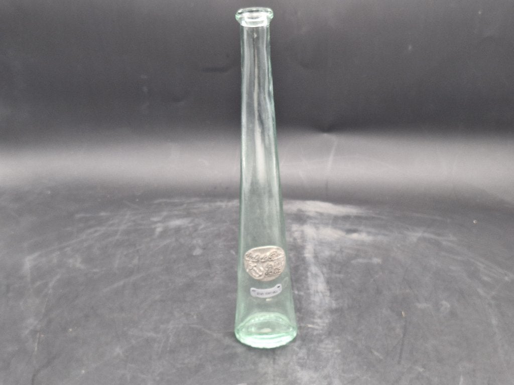 oude glazen fles met tinnen plaatje, jaren 80, Ophalen of Verzenden