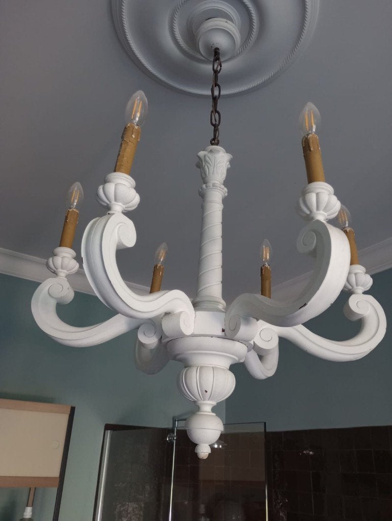 antieke houten luchter, luster, 6 lichtpunten, werkt, Antiek en Kunst, Ophalen