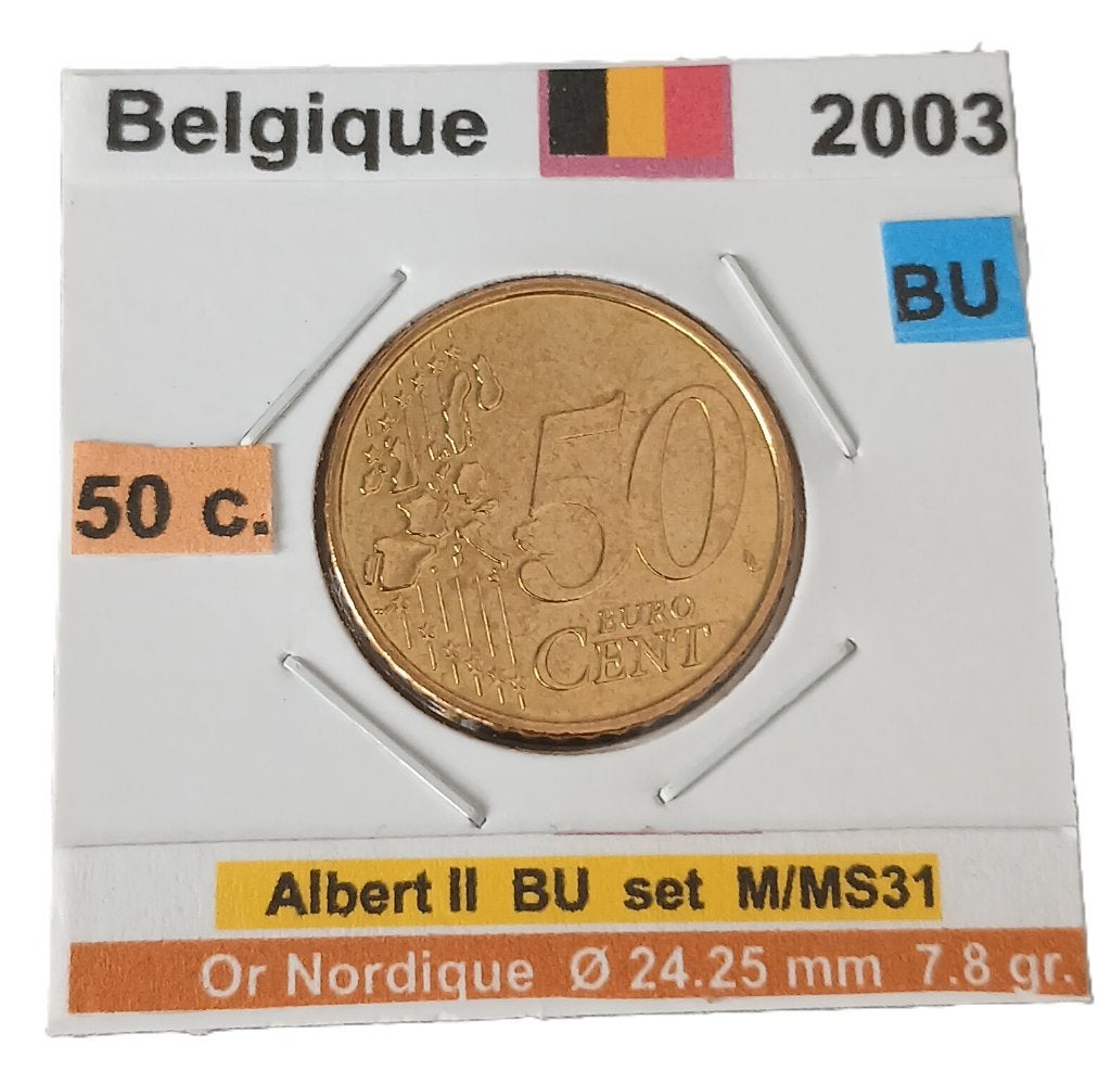 Belgique 50 ctme ALBERT II année 2003 BU  Envoi Gratuit, Monnaie en vrac, Belgique, 50 centimes, Or