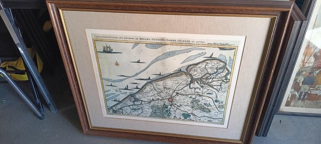 Ingekaderde kaart omgeving Brugge - Oostende - Damme 85cm br, Antiek en Kunst, Ophalen