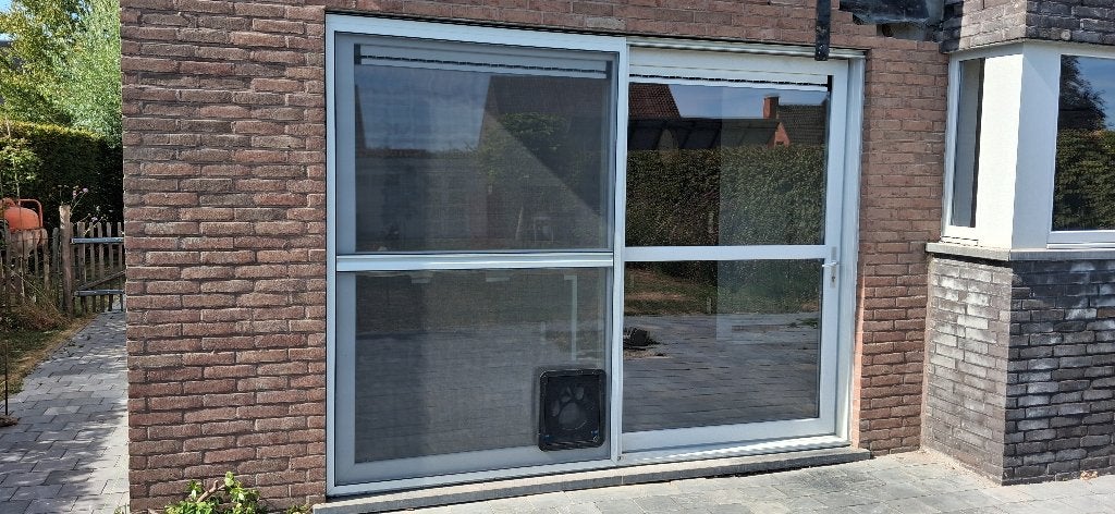 PVC schuifraam 300 x 230 cm – grijs – dubbel glas, Baie vitrée coulissante, Enlèvement, Utilisé, Vitre comprise