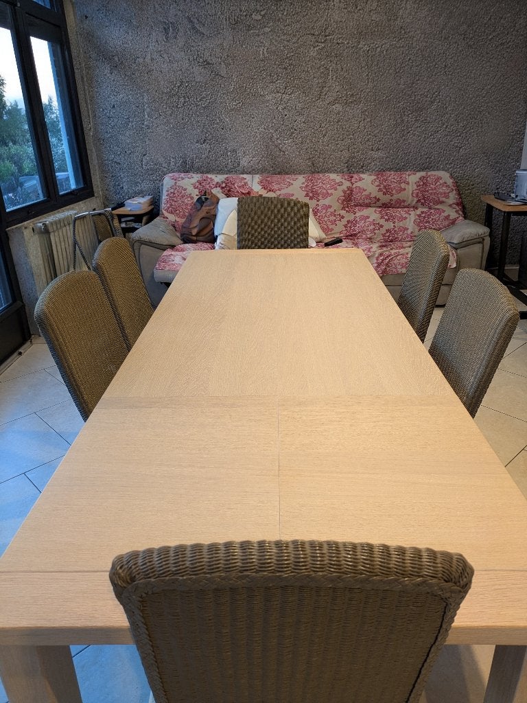 Ensemble table en chêne clair  + 6 chaises en osier, Maison & Meubles, Rustique moderne, Enlèvement, Utilisé, 50 à 100 cm