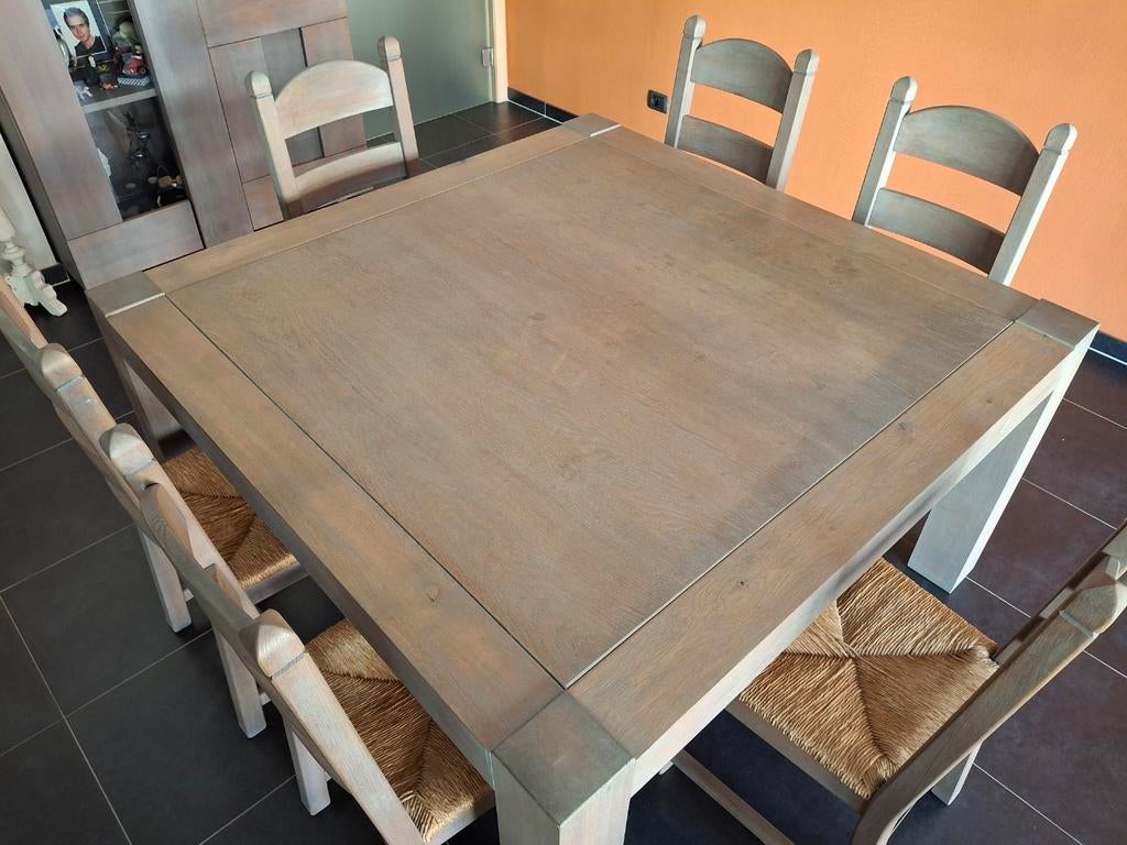 Tafel + 6 stoelen, Huis en Inrichting, Tafels | Eettafels, Ophalen, Vierkant, Zo goed als nieuw, Vijf personen of meer