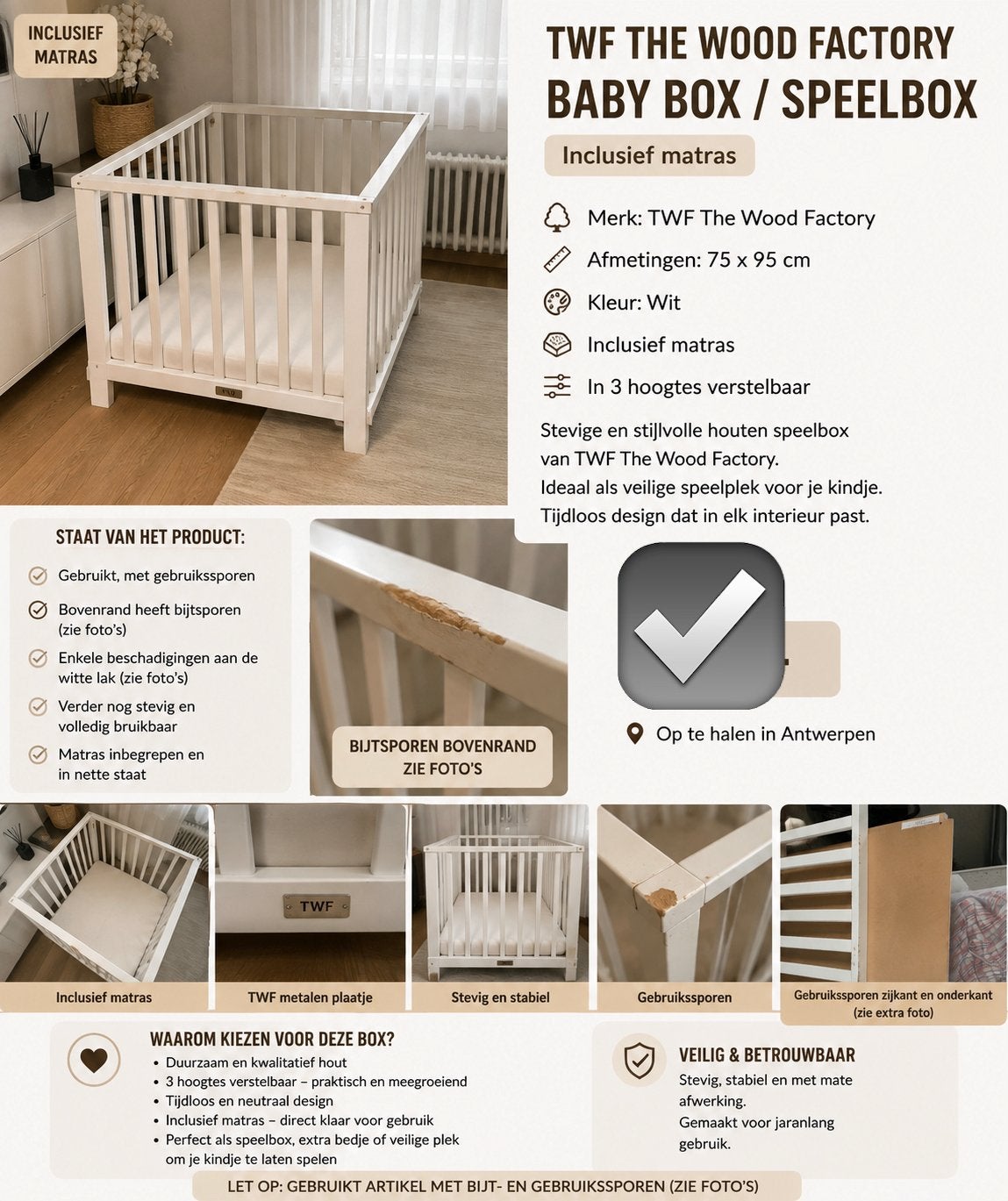The Wood Factory babybox / speelbox – inclusief matras, Ophalen, Gebruikt, Jongetje of Meisje