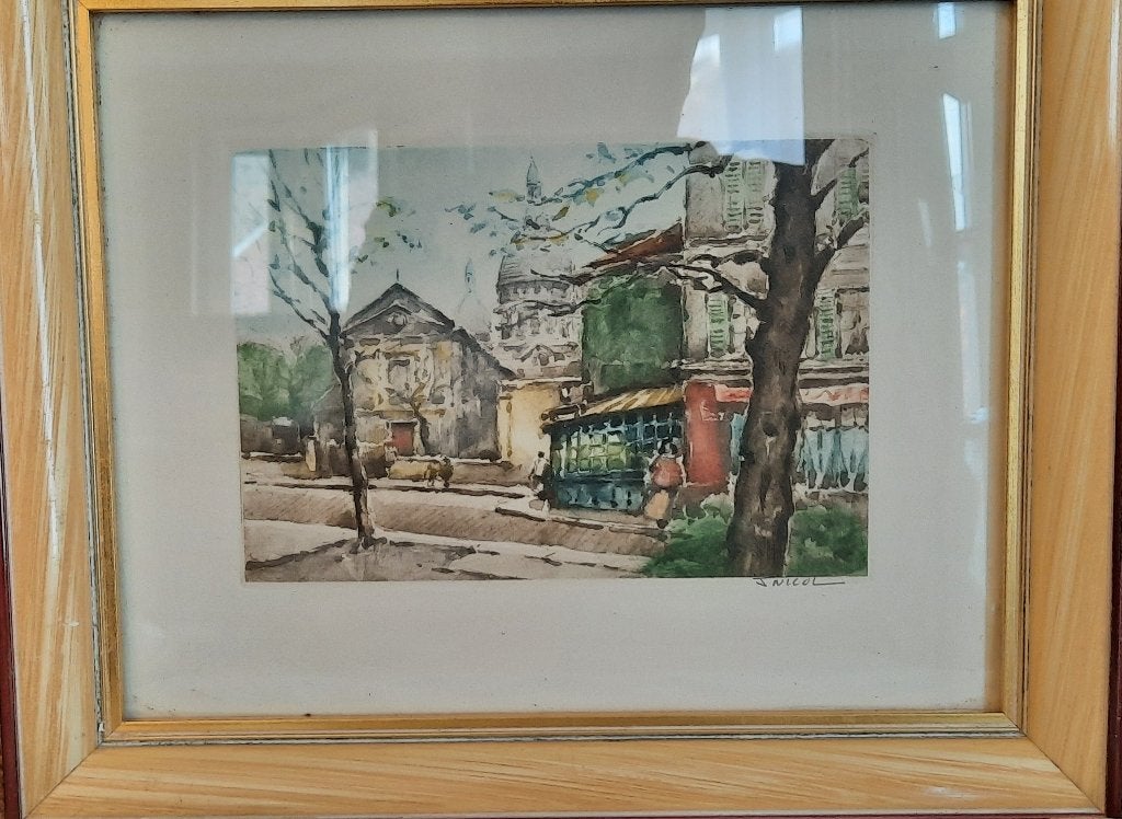 Aquarelle de Jean Nicol de la Place du Tertre à Paris, Antiquités & Art, Enlèvement ou Envoi, Aquarelle, Œuvre originale, Paysage urbain / rural