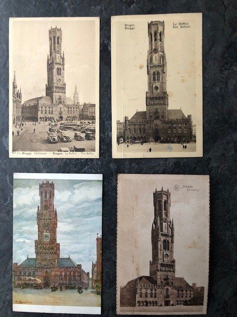 4 cartes postales Bruges - Tour de Halle - Belfort, Collections, Enlèvement ou Envoi, Flandre Occidentale