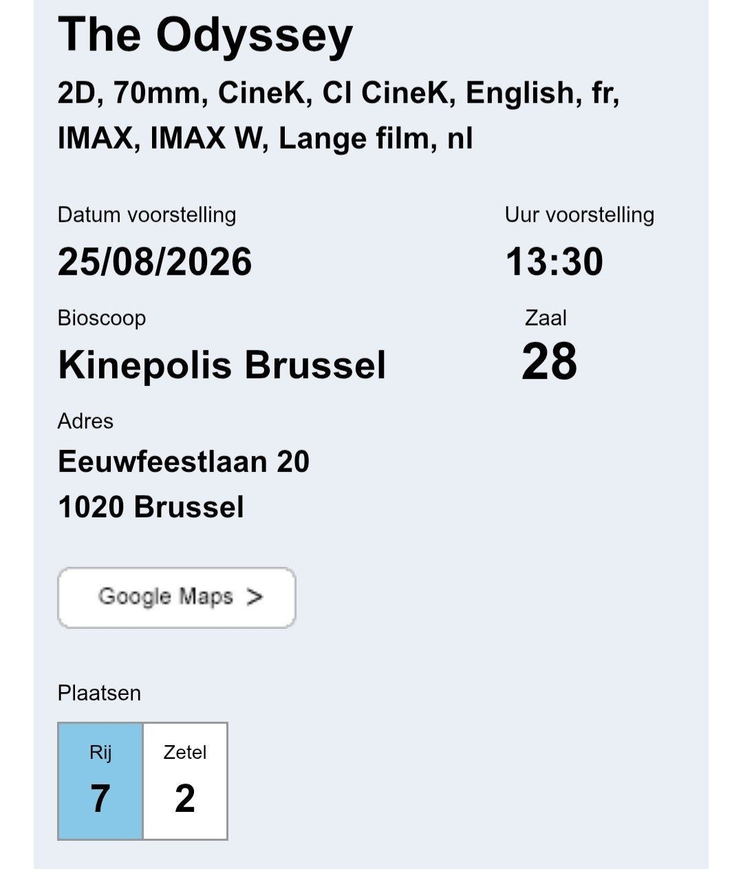 Kinepolis - The Odyssey IMAX 70 mm, Tickets en Kaartjes, Filmkaartjes, Eén persoon, Actie of Avontuur, Bestemd voor IMAX, Overige typen