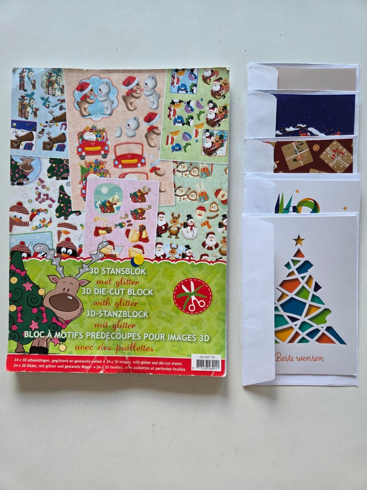 3D glitter kerstblok + 5 kerstkaarten, Diversen, Ophalen of Verzenden, Gebruikt