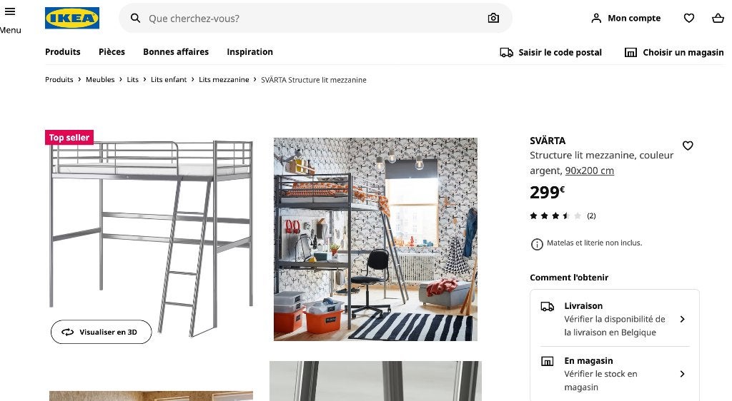 lit mezzanine SVÄRTA ikéa, 90 cm, 210 cm, Une personne, Enlèvement