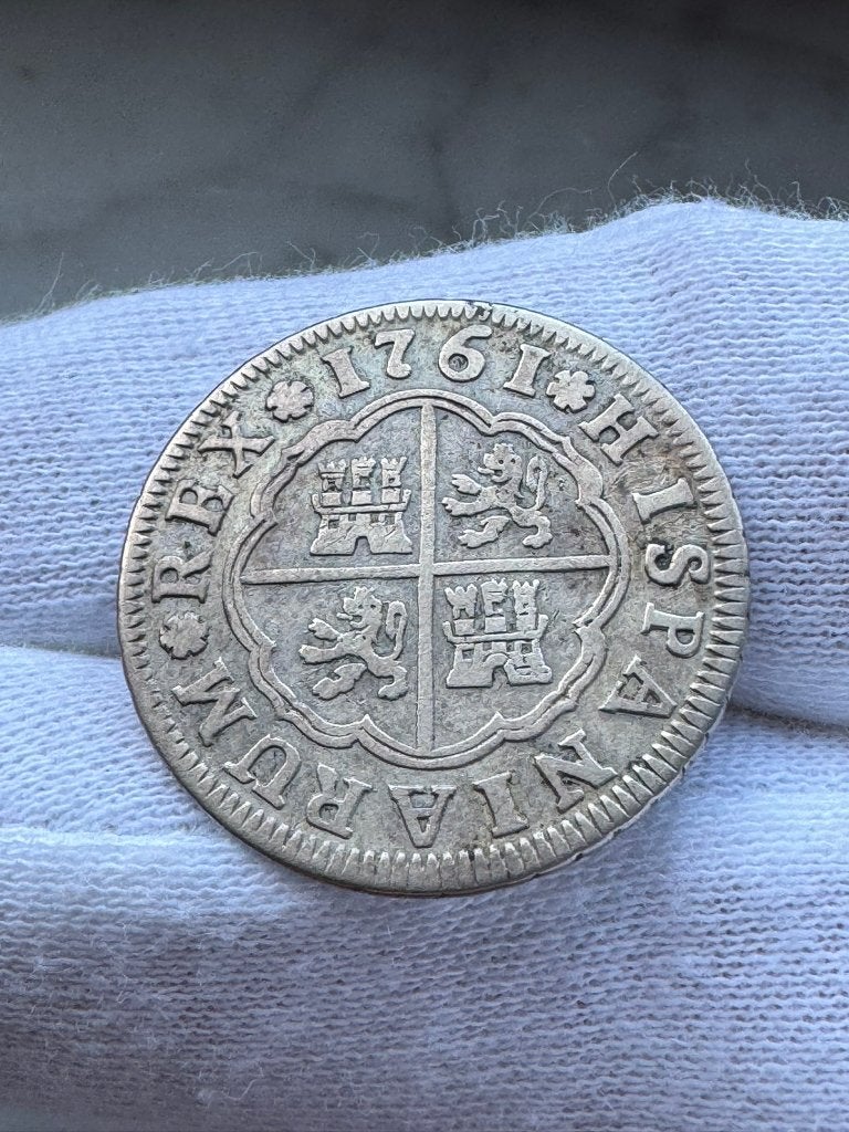 Spanje - 2 Reales 1761 (Karel III, zeldzaam), Ophalen of Verzenden, Overige landen, Losse munt, Zilver