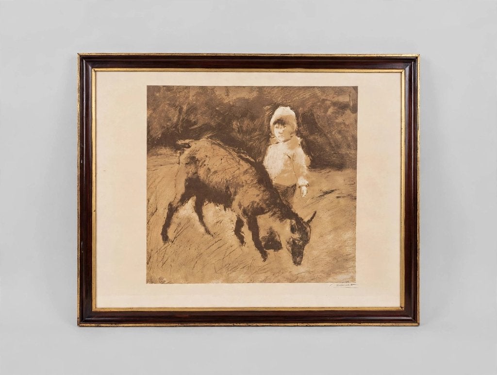 Litho Martin Wallaert - Kindje met geitje, Met glas, Ophalen, Lithografie