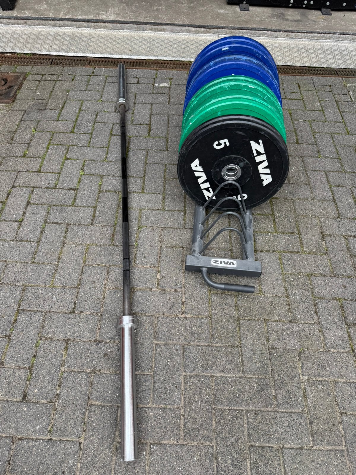 130kg Ziva Competie Bumperplates, Ziva Barbell + Ziva Rek, Sport en Fitness, Ophalen, Gebruikt, Halterschijven