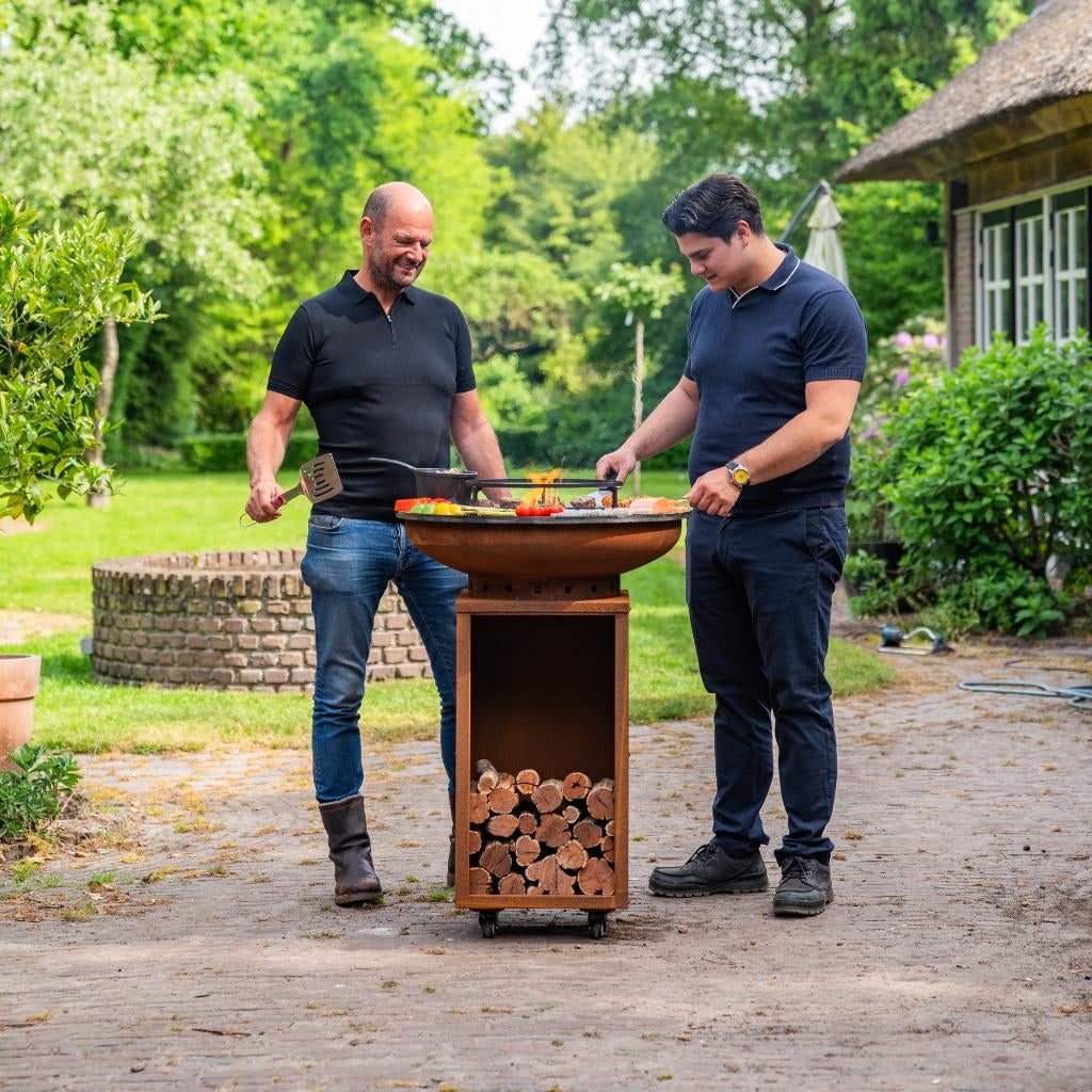 bbq Plancha Camarada Cortenstaal met wielen en houtopslag NW, Tuin en Terras, Ophalen of Verzenden, Nieuw, RJRoyal Living, Met accessoires