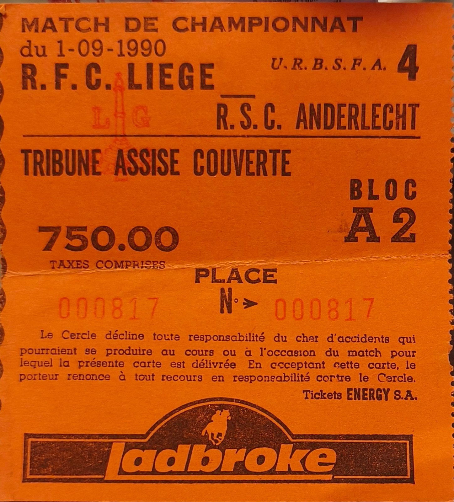 ticket 1990 RFC Liège RSC Anderlecht, Tickets & Billets