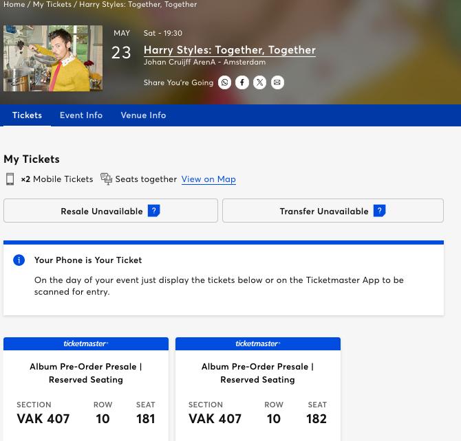 2x Zit | Harry Styles | Johan Cruijff Arena | zat 23 mei, Tickets en Kaartjes, Twee personen, Juni