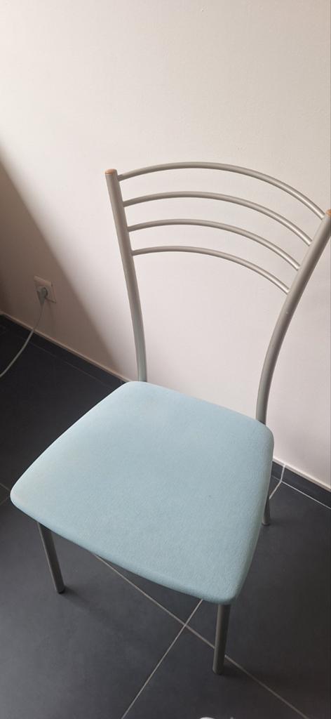 4 chaises gris vert menthe, Maison & Meubles, Chaises, Métal, Tissus, Gris, Enlèvement