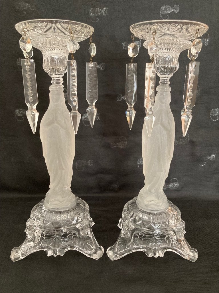 Antieke glazen kandelaars - Maria (2 stuks)., Antiek en Kunst, Ophalen of Verzenden, Glas