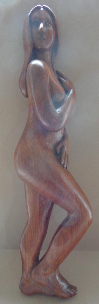 MONOGRAM V.A. / NAAKTE VROUW / HOUTEN SCULPTUUR / H=71cm, Statue, Bois, Patiné, Enlèvement