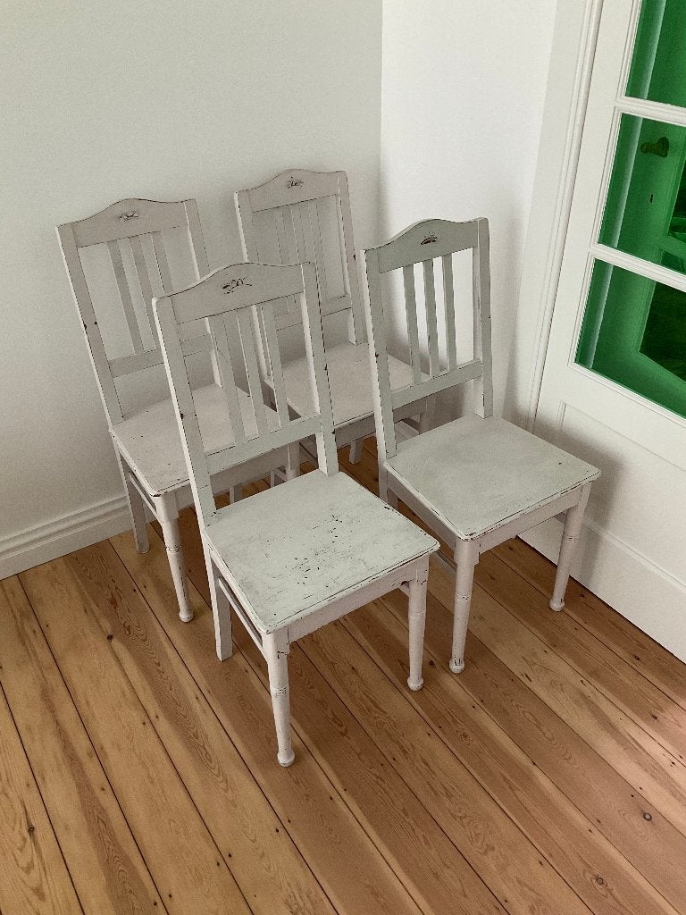 Houten eetkamerstoelen in brocantestijl (4 stuks), Ophalen, Gebruikt, Wit, Hout