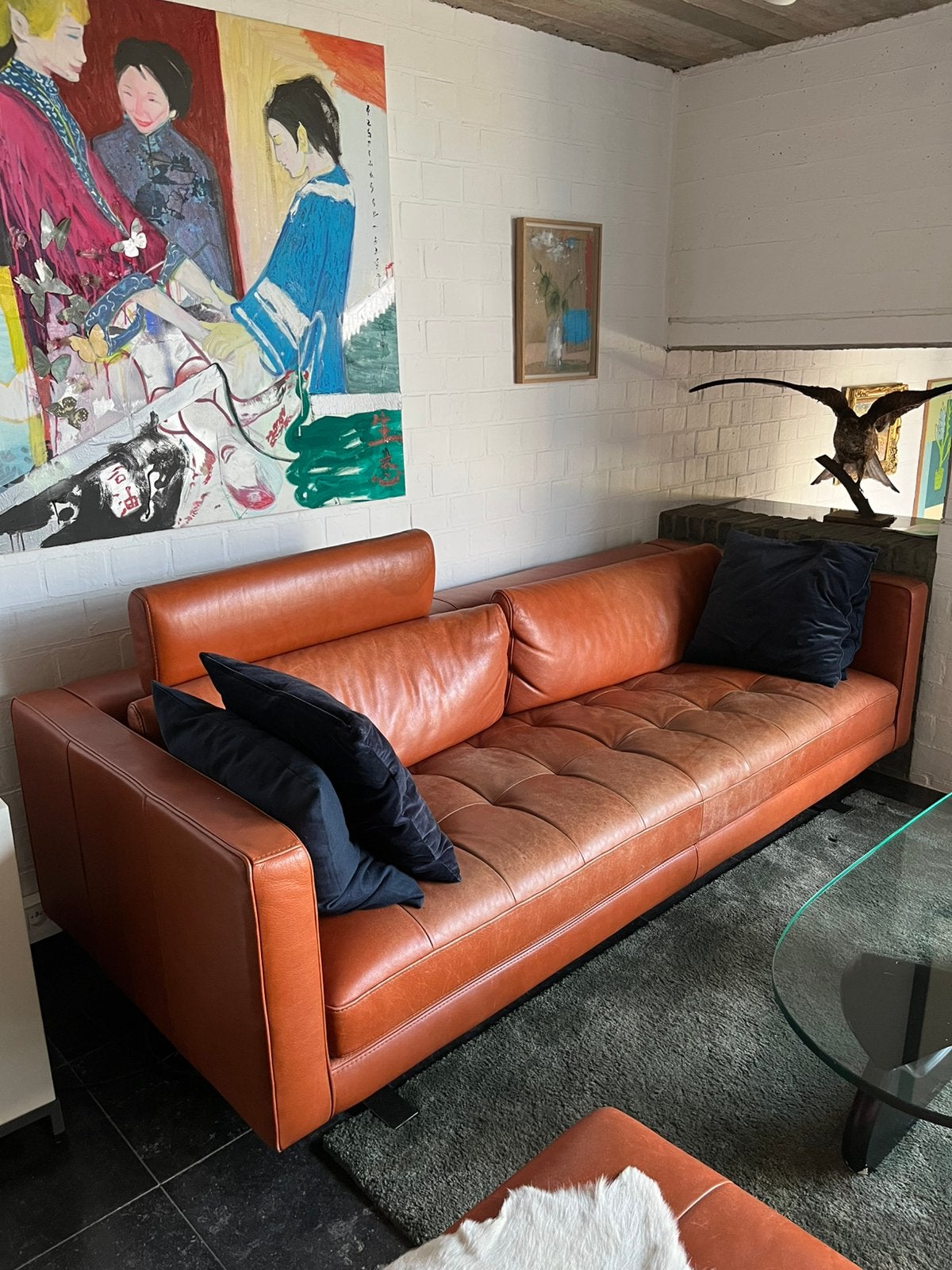 Cognac lederen salon (3-zit+1-zit+grote poef), Ophalen, Gebruikt, Driepersoons, Rechte bank