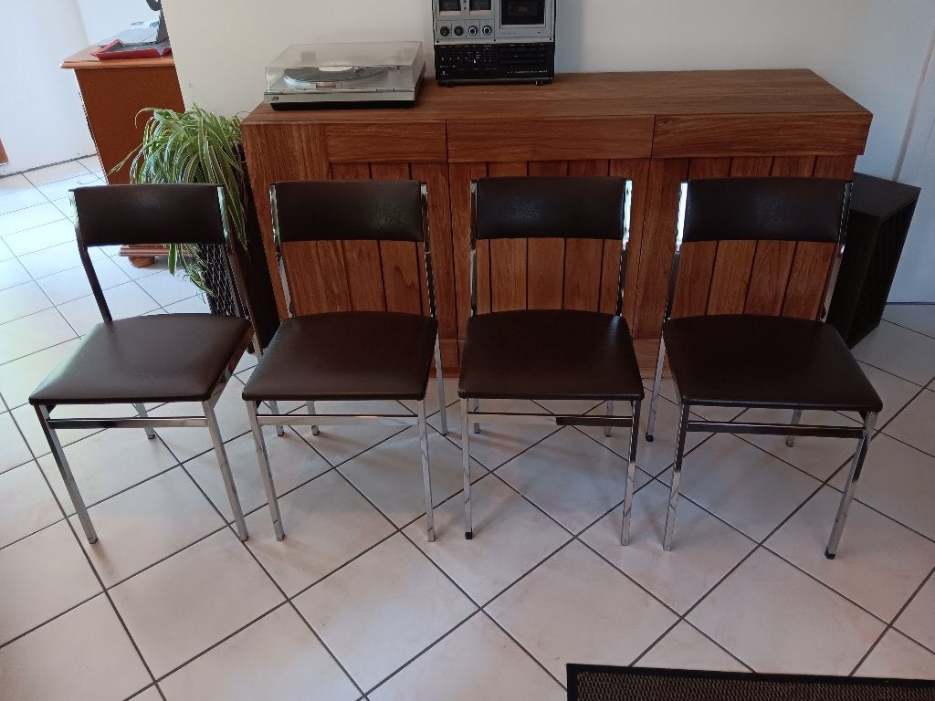 4 vintage Tavo eetkamerstoelen chroom en bruin skai, '70, Enlèvement, Maison et Meubles