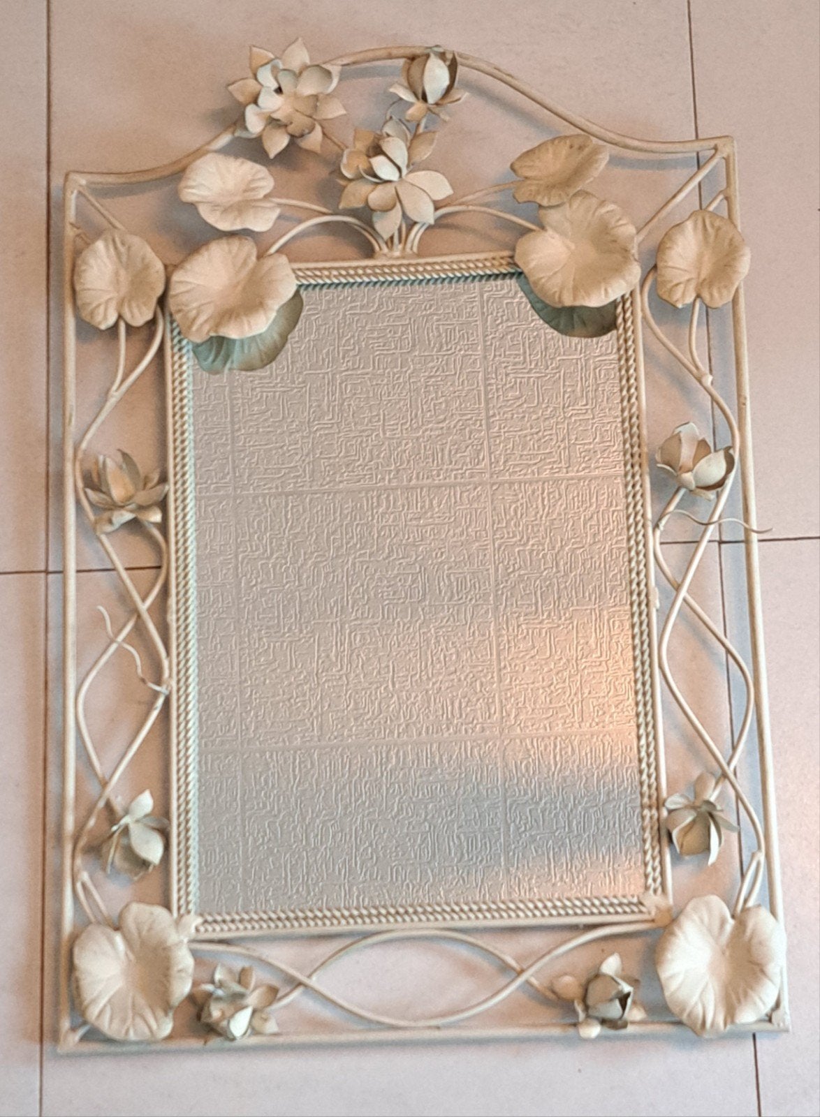 Grote smeedijzeren spiegel Shabby Chic vintage bloemenwaterl, Ophalen of Verzenden, Rechthoekig