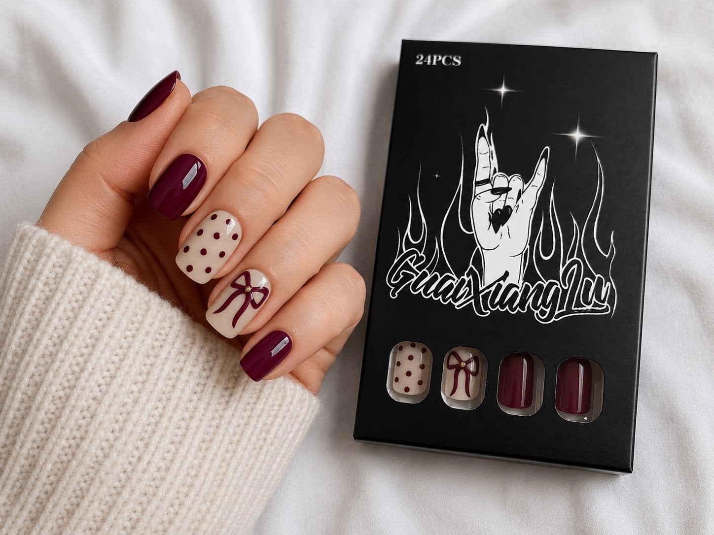 FAUX ONGLES 24 PIÈCES – MOTIF BORDEAUX ÉLÉGANT, Enlèvement, Neuf, Mains et Ongles, Accessoires