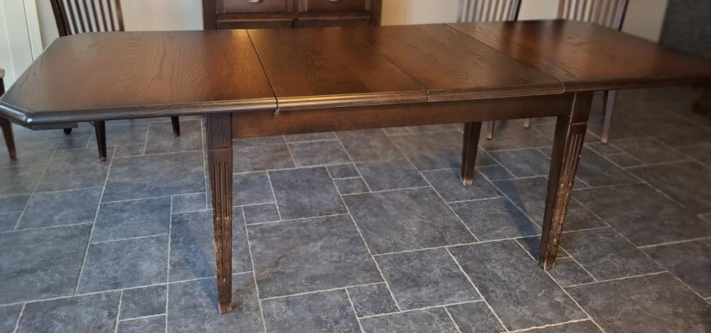 Eiken eettafel met stoelen – landelijke stijl, Ophalen, Gebruikt, 50 tot 100 cm, Landelijk