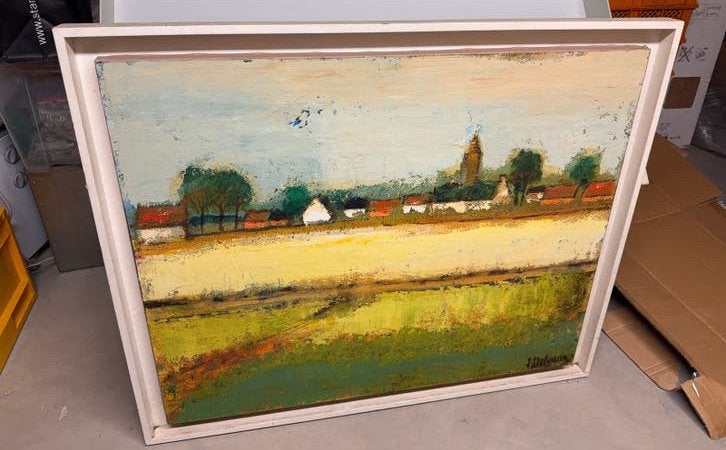 Olieverf op doek Jacques Delvaux 2003, Antiek en Kunst, Ophalen, Olieverf, Landschap, Doek
