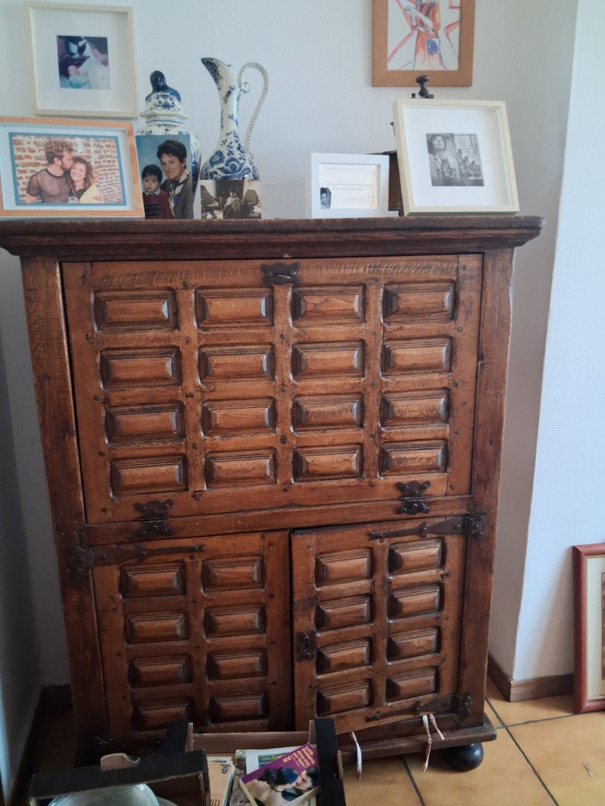 Ensemble vintage buffet & meuble-bar – bois massif et ferron, Antiquités & Art, Enlèvement