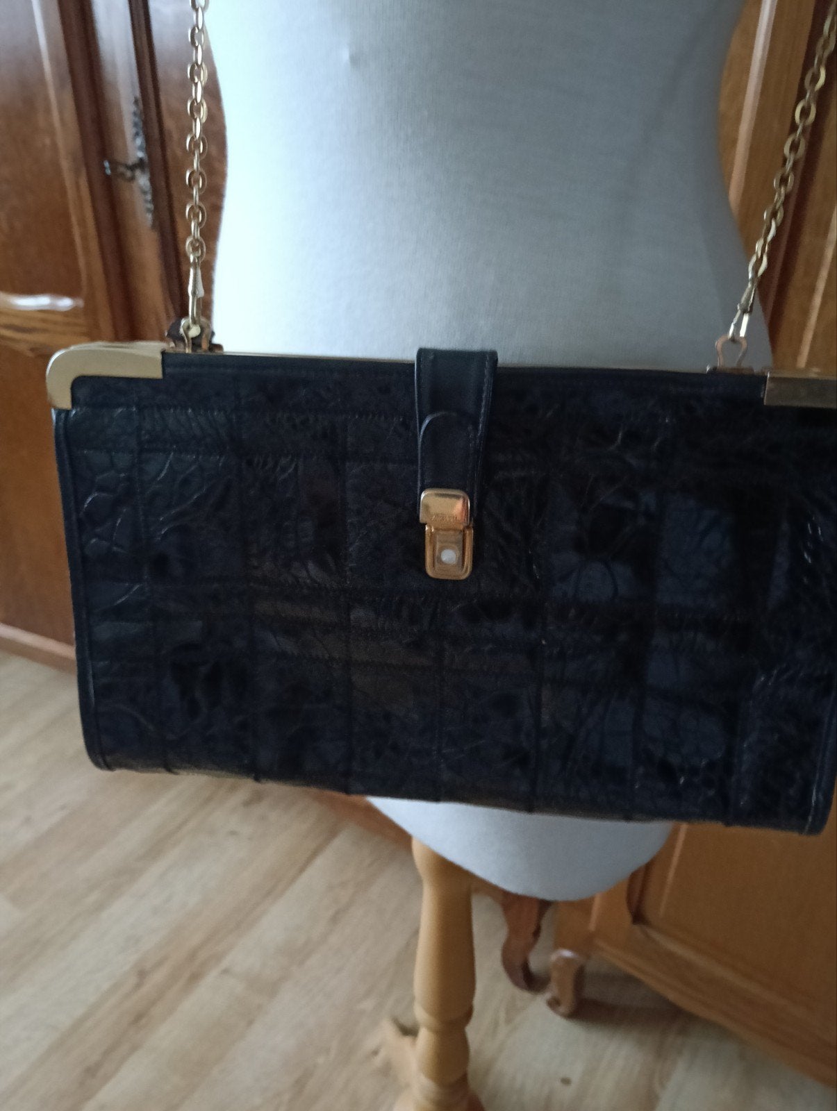 vintage imitatie krokodillen lederen tas, Overige merken, Gebruikt, Zwart, Ophalen of Verzenden
