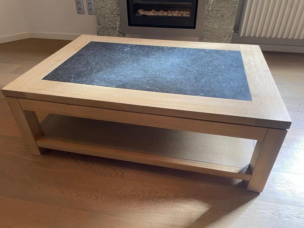 Eiken salontafel met blauwe steen, Ophalen, Gebruikt, 100 tot 150 cm, Eikenhout
