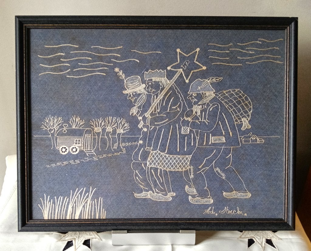 FELIX TIMMERMANS « Epiphanie » en dentelle de Lierse, Portrait ou Personnes, Autres techniques, Enlèvement, Sous verre