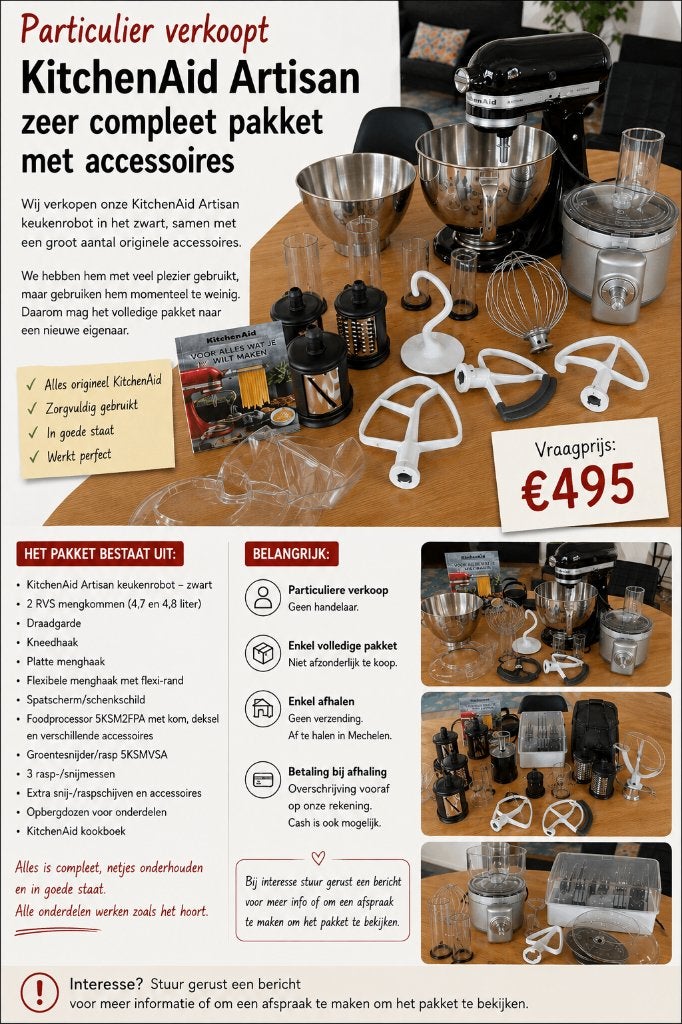 KitchenAid Artisan + zeer veel accessoires, Electroménager, 4 litres ou plus, Enlèvement, Comme neuf, 3 vitesses ou plus