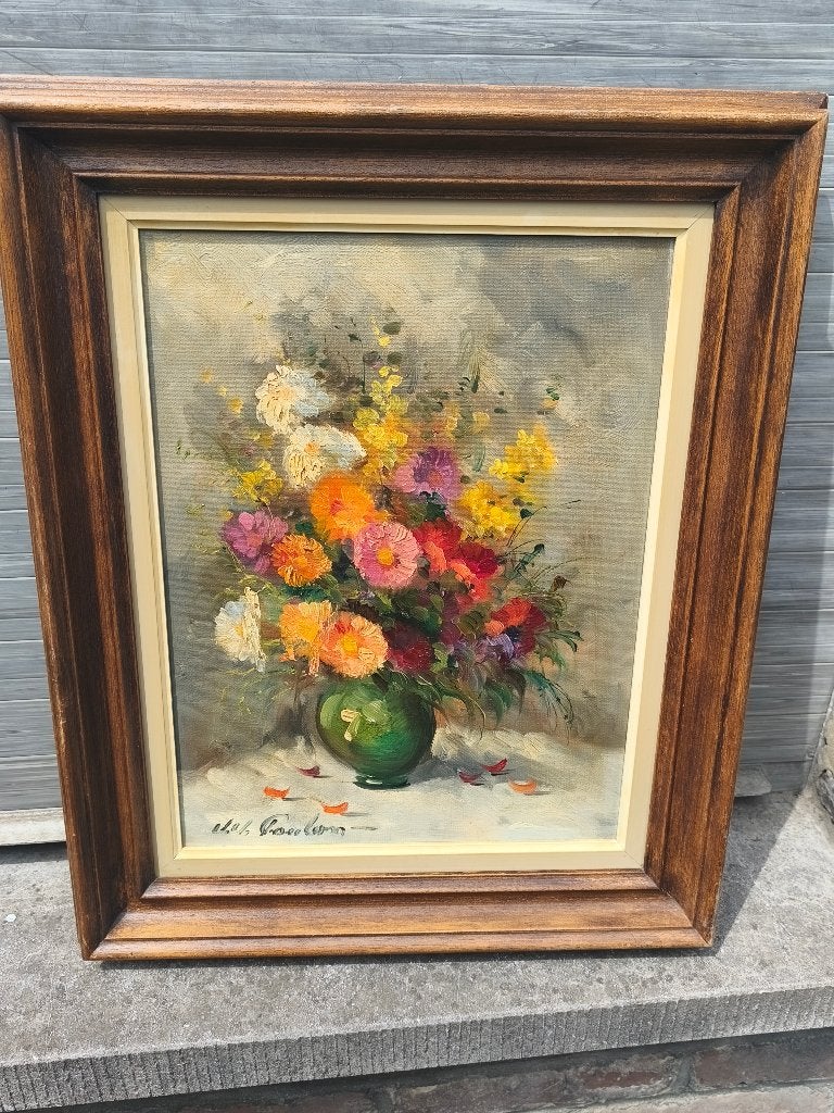 Huile sur toile fleurs signe jean jacques foulon, Antiquités & Art, Enlèvement ou Envoi, Fleurs, Toile