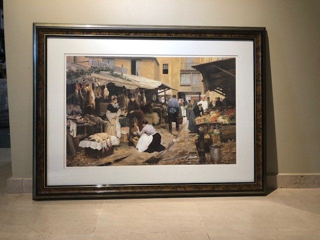 Grand cadre reproduction "Scène de marché" – 108,5 x 80 cm, Antiquités & Art, Art | Dessins & Photographie, Enlèvement, Reproduction