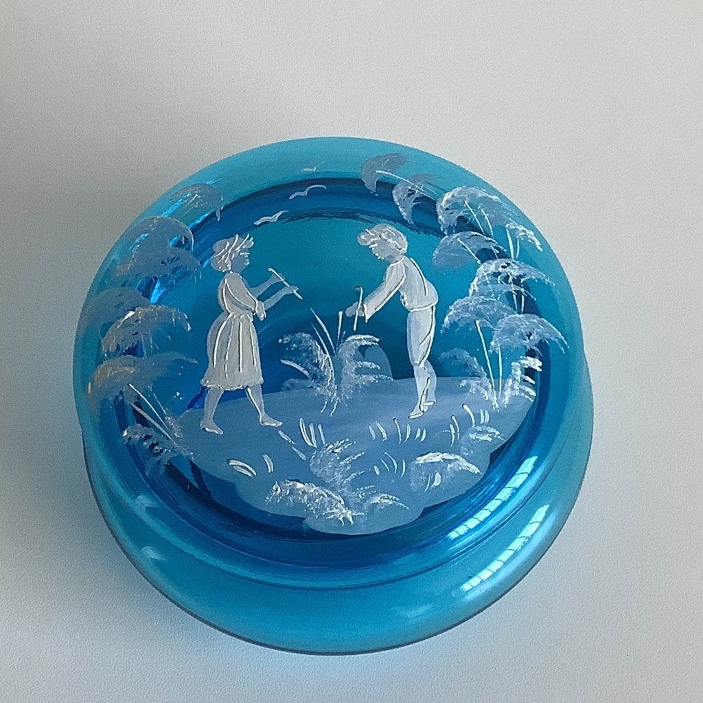 Belle bonbonnière en verre bleu de style Mary Gregory, Enlèvement ou Envoi