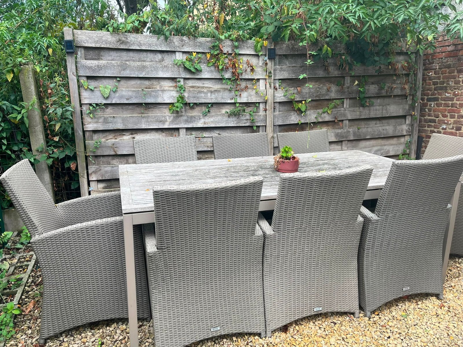 houten  tuintafel met rotan stoelen, Ophalen, Gebruikt, Rechthoekig, Hout