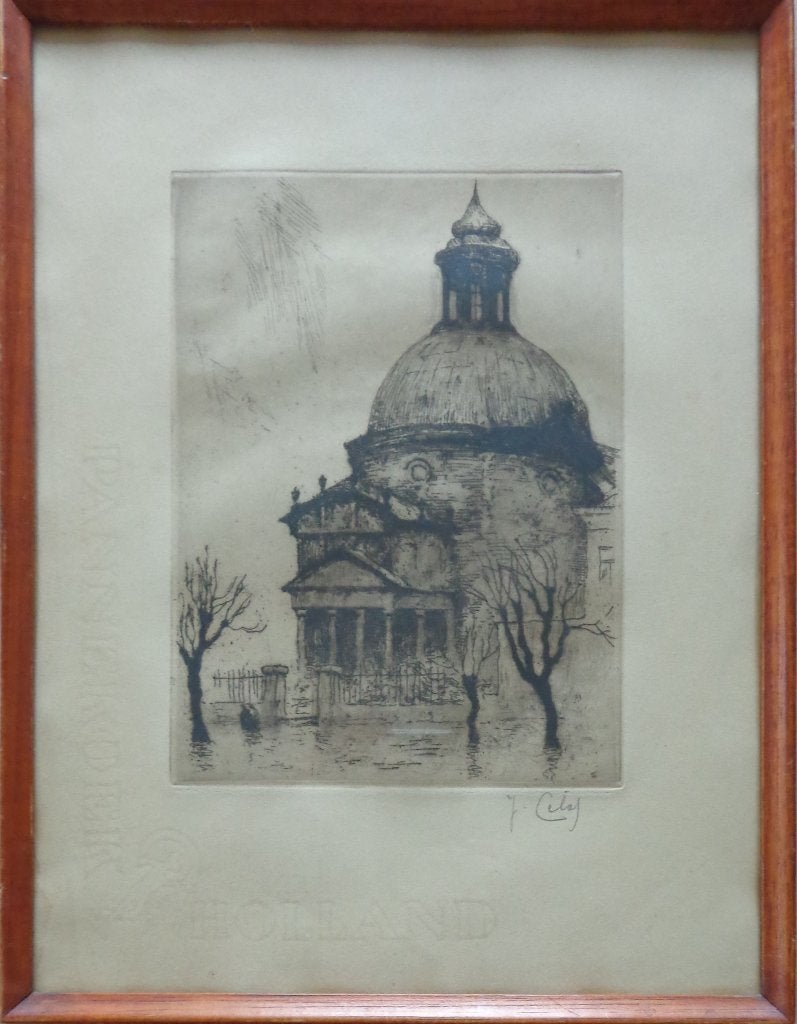JULIEN CELOS / WATERLOO / ZW-W ETS / 34x26cm / KADER / SIG, Antiquités & Art, Enlèvement ou Envoi, Architecture, Eau-forte, Signé
