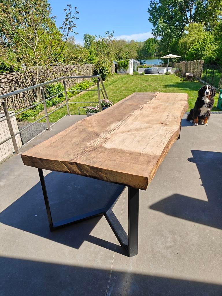 Houten tafel met metalen onderstel, Tuin en Terras, Ophalen, Hout