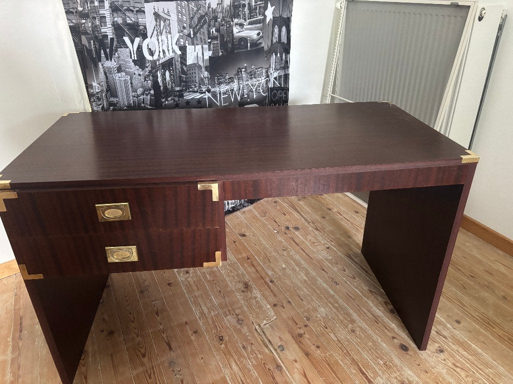 Bruine bureau met twee laden 125x60X75, Ophalen, Gebruikt, Bruin, Demontabel