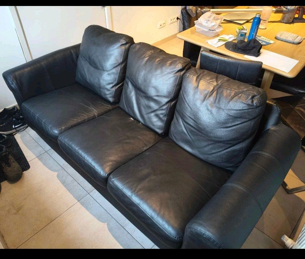 Zwarte leren 3-zit zetel, Ophalen, Gebruikt, Vintage, Driepersoons