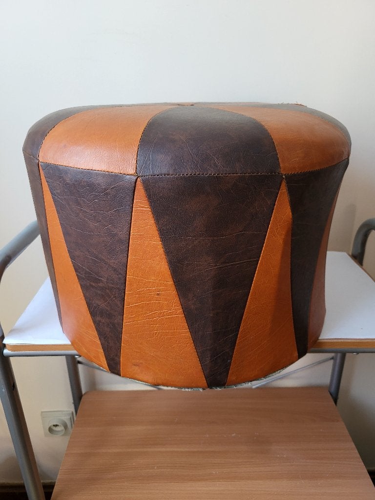 Pouf Tabouret Vintage Années 70 – Skaï Marron & Camel, Enlèvement ou Envoi, Cuir