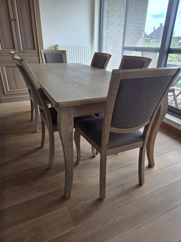 Eetkamer met zes stoelen en kolomkast, Huis en Inrichting, Ophalen, Zo goed als nieuw, Landelijk, 4 tot 6 stoelen