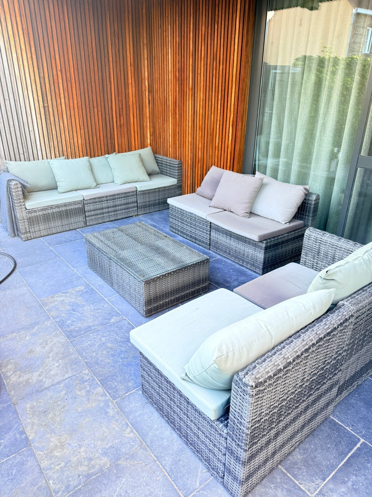 Volledige loungeset met 7 zitplaatsen in kunststof, Tuin en Terras, Ophalen, Kunststof, Gebruikt, Loungeset