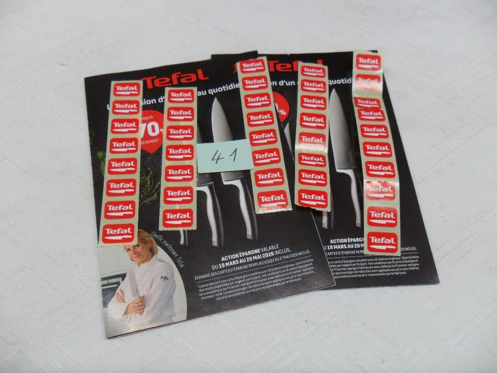 41 Delhaize-stempels met Tefal-messen, Verzamelen, Overige supermarkten, Ophalen of Verzenden