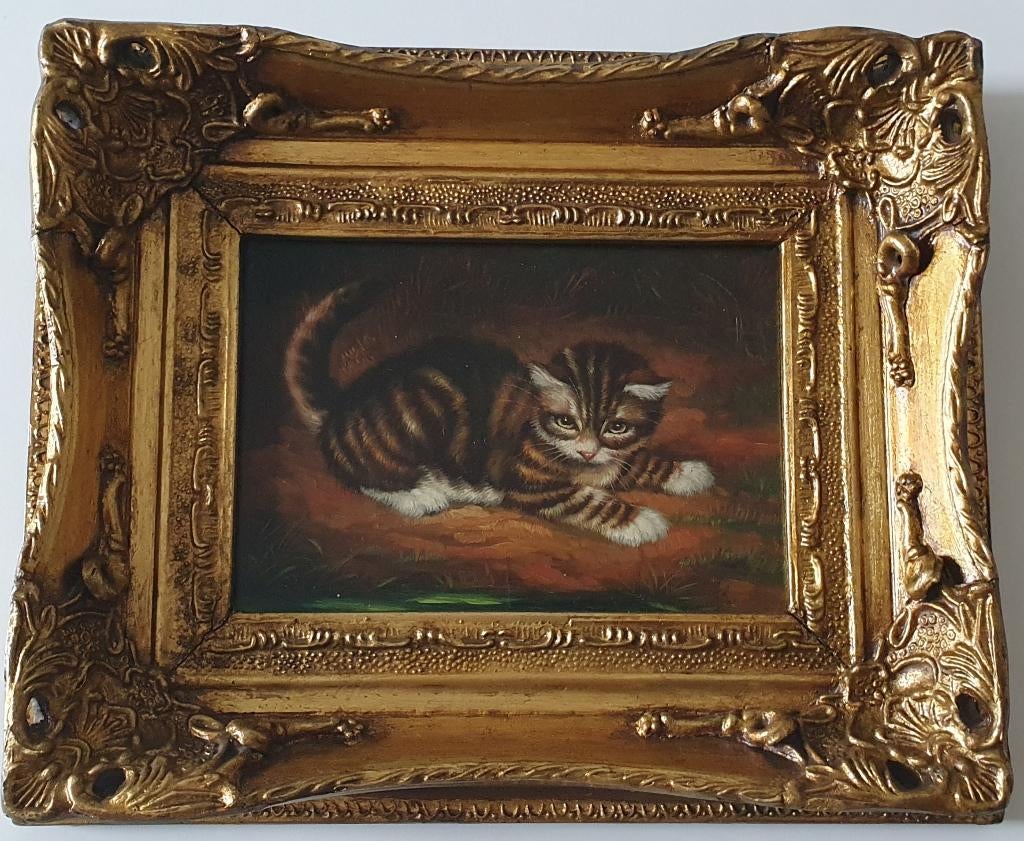 Olieverschilderij van liggende kat, 19de eeuw, geisgneerd HR, Ophalen of Verzenden, Gesigneerd
